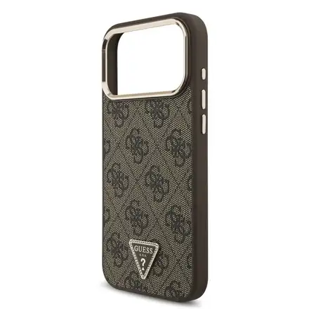 Guess PU Leather 4G Strass Triangle Logo Gold Frame MagSafe kryt iPhone 18 Pro hnědý