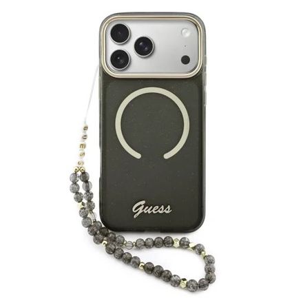 Guess IML Glitter Script Strap MagSafe kryt iPhone 17 Pro Max černý