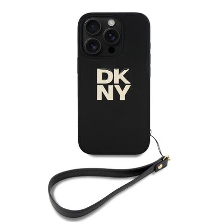DKNY Leather Stack Logo Wrist Strap kryt iPhone 16 Pro Max černý