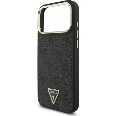 Guess PU Leather 4G Strass Triangle Logo Gold Frame MagSafe kryt iPhone Pro Max 17 černý