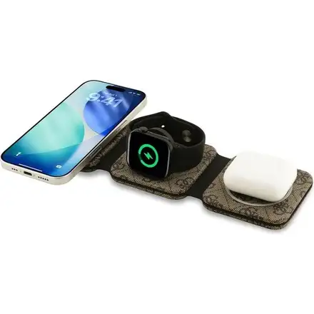 Guess PU 4G MagSafe Bezdrátová Nabíječka 3v1 hnědá
