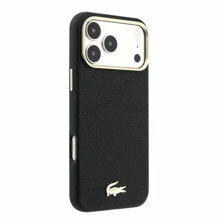 Lacoste PU Leather Champs Elysees Gold Logo MagSafe kryt iPhone 18 Pro černý