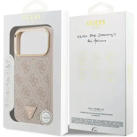 Guess PU Leather 4G Strass Triangle Logo Gold Frame MagSafe kryt iPhone 17 Pro Max růžový