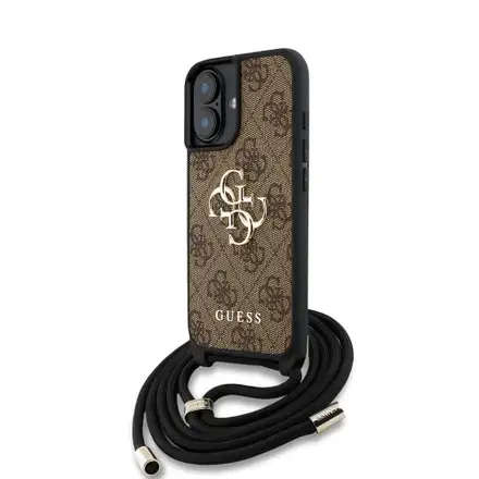 Guess PU 4G Metal Logo Crossbody Popruh kryt iPhone 16 hnědý