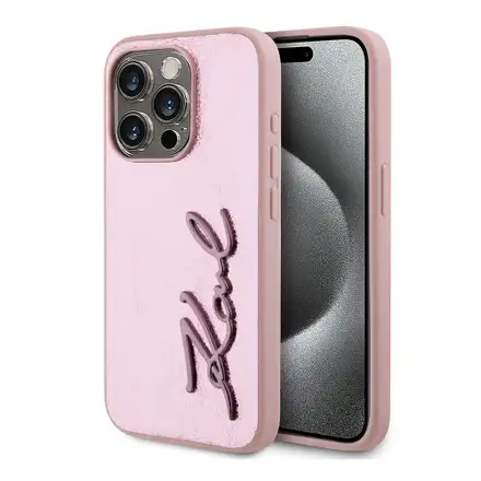 Karl Lagerfeld Wrinkled PU Signature Logo kryt iPhone 15 Pro Max růžový