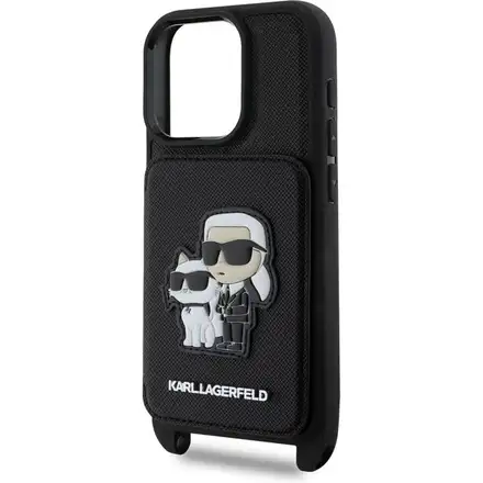 Karl Lagerfeld Saffiano Crossbody Popruh Metal Karl and Choupette kryt iPhone 16 Pro černý