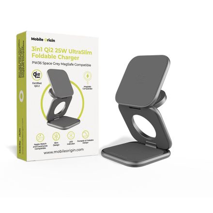 Mobile Origin 3in1 Qi2 25W UltraSlim Foldable Charger PW36 MagSafe Compatible - Space Grey