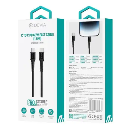 Devia kabel USB-C to USB-C Gracious Woven Cable 1.5m - Black