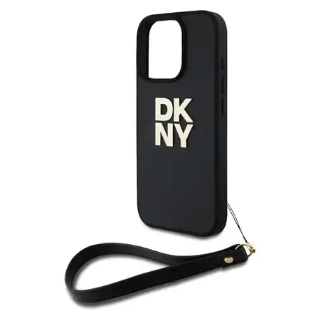 DKNY Leather Stack Logo Wrist Strap kryt iPhone 16 Pro Max černý