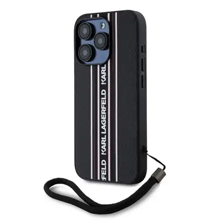 Karl Lagerfeld PU Saffiano Athleisure Stripe and Strap kryt iPhone 15 Pro Max černá