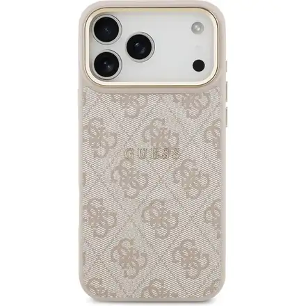 Guess PU Leather 4G Strass Triangle Logo Gold Frame MagSafe kryt iPhone 17 Pro Max růžový