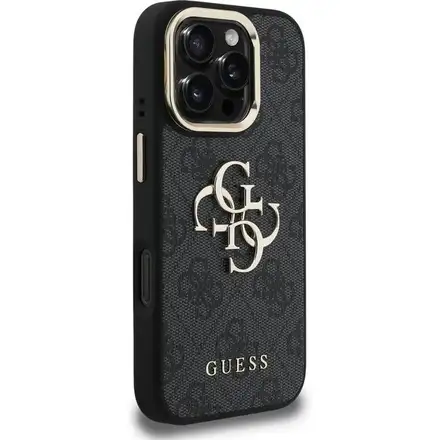 Guess PU 4G Metal Logo Stand Camera Frame kryt iPhone 16 Pro černý