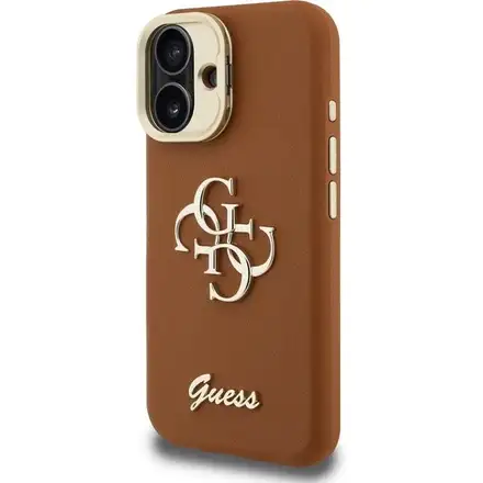 Guess PU Grained 4G Logo Stand Camera Frame kryt iPhone 16 hnědý