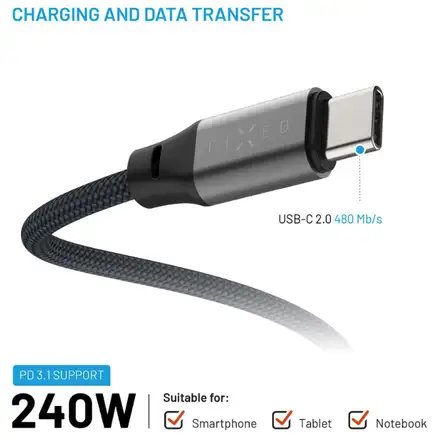 FIXED magnetický nabíjecí a datový opletený kabel s konektory USB-C/USB-C a podporou PD, USB 2.0, 240W, 1.2m, šedý