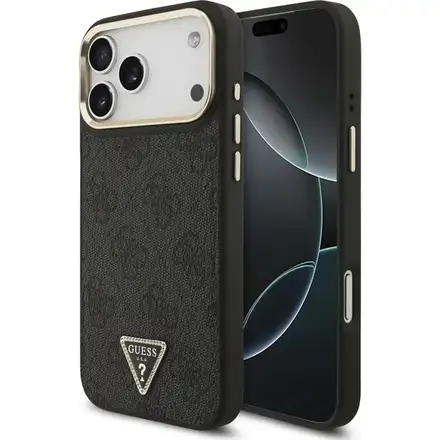 Guess PU Leather 4G Strass Triangle Logo Gold Frame MagSafe kryt iPhone Pro 17 černý