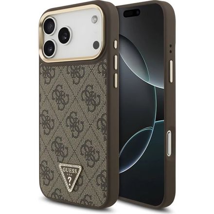 Guess PU Leather 4G Strass Triangle Logo Gold Frame MagSafe kryt iPhone 17 Pro hnědý