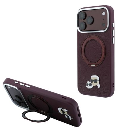 Karl Lagerfeld PU Grained K&CH Heads Ring Stand Magsafe kryt iPhone 18 Pro burgundy