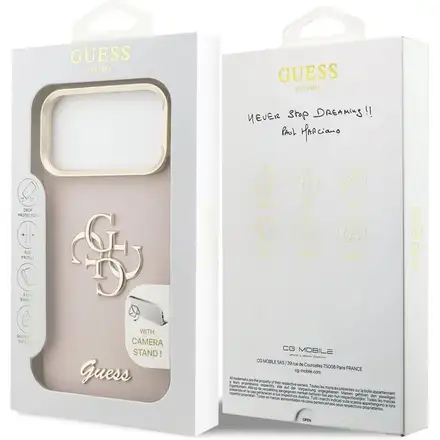 Guess PU Grained 4G Logo Stand Camera Frame kryt iPhone 17 Pro Max růžový