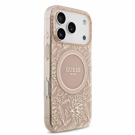 Guess IML Flowers Allover Strap MagSafe kryt iPhone 18 Pro Max růžový