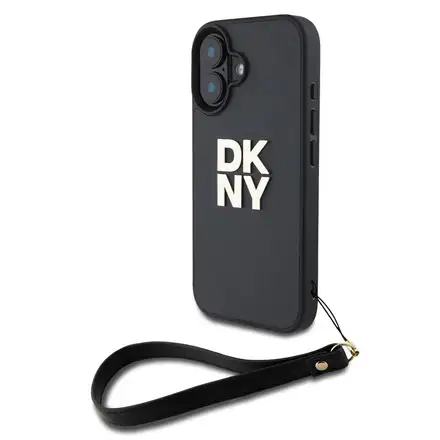 DKNY PU Leather Stack Logo Wrist Strap kryt iPhone 16 černý