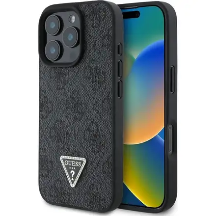 Guess PU 4G Strass Triangle Metal Logo kryt iPhone 16 Pro Max černý