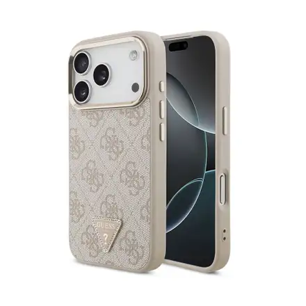 Guess PU Leather 4G Strass Triangle Logo Gold Frame MagSafe kryt iPhone 18 Pro růžový