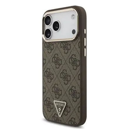 Guess PU Leather 4G Strass Triangle Logo Gold Frame MagSafe kryt iPhone 18 Pro Max hnědý