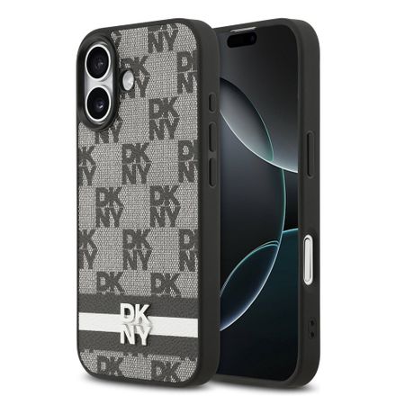 DKNY PU Leather Checkered Pattern and Stripe kryt iPhone 17 černý