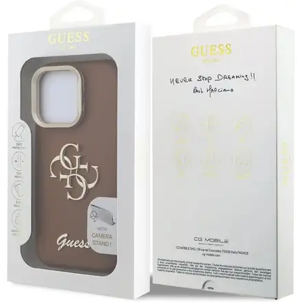 Guess PU Grained 4G Logo Stand Camera Frame kryt iPhone 15 Pro hnědý