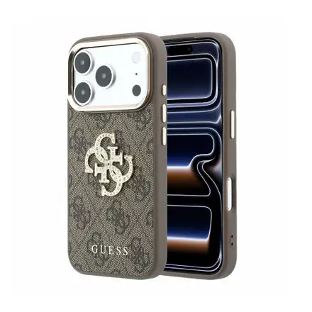 Guess PU 4G Strass Metal Logo kryt iPhone 18 Pro hnědý