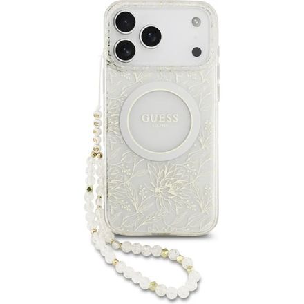 Guess IML Flowers Allover Strap MagSafe kryt iPhone 17 Pro bílý