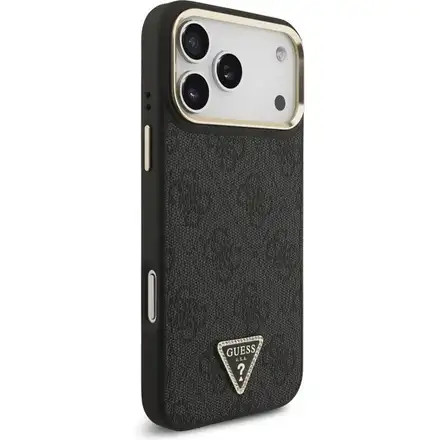Guess PU Leather 4G Strass Triangle Logo Gold Frame MagSafe kryt iPhone Pro 17 černý