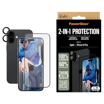 PanzerGlass ochranné sklo UWF + Hoops Bundle pro iPhone 16 Plus - Black Frame