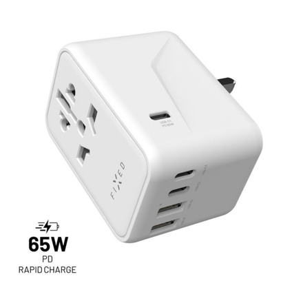 FIXED Cestovní adaptér Voyager s 3x USB-C a 2x USB-A výstupem a podporou PD, 65W, bílá