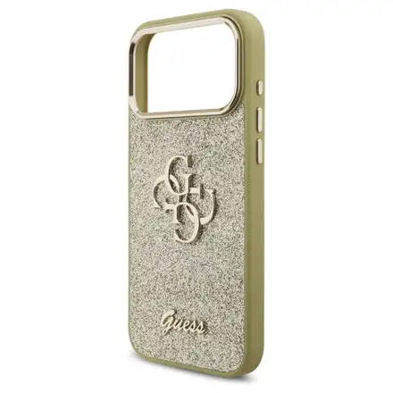 Guess PU Fixed Glitter 4G Metal Frame kryt iPhone 17 Pro Max zlatý
