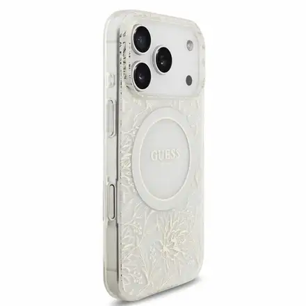 Guess IML Flowers Allover Strap MagSafe kryt iPhone 18 Pro Max bílý