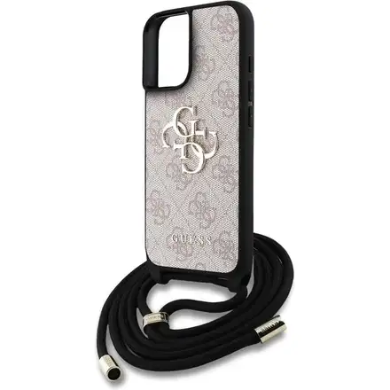 Guess PU 4G Metal Logo Crossbody Popruh kryt iPhone 16 růžový