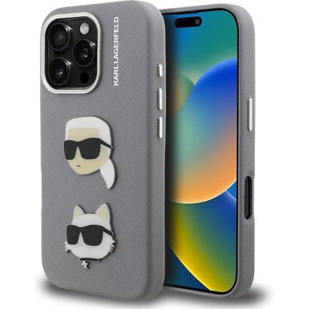 Karl Lagerfeld Grained PU K&CH Heads kryt iPhone 16 Pro šedá