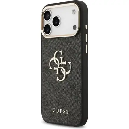 Guess PU Leather 4G Metal Logo Gold Frame kryt iPhone 17 Pro Max černý