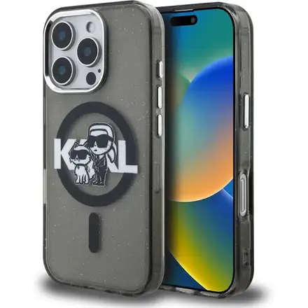 Karl Lagerfeld IML Glitter Karl and Choupette Sketch MagSafe kryt iPhone 16 Pro Max černý