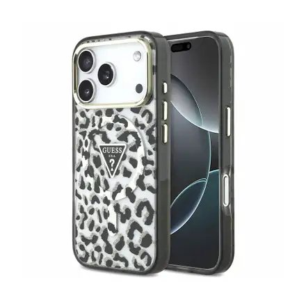 Guess IML Glitter Leopard Triangle Logo MagSafe kryt iPhone 18 Pro černý