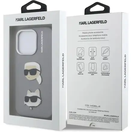 Karl Lagerfeld Grained PU K&CH Heads kryt iPhone 16 Pro Max šedý