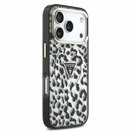 Guess IML Glitter Leopard Triangle Logo MagSafe kryt iPhone 18 Pro Max černý