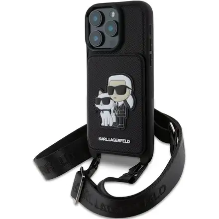 Karl Lagerfeld Saffiano Crossbody Popruh Metal Karl and Choupette kryt iPhone 16 Pro černý