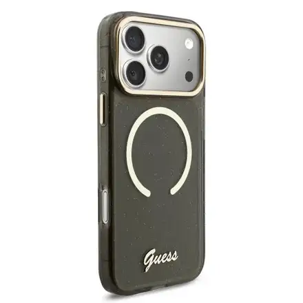 Guess IML Glitter Script Strap MagSafe kryt iPhone 17 Pro černý