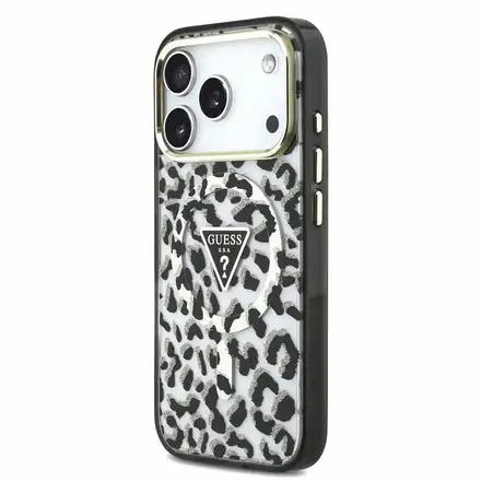 Guess IML Glitter Leopard Triangle Logo MagSafe kryt iPhone 18 Pro černý