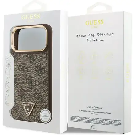 Guess PU Leather 4G Strass Triangle Logo Gold Frame MagSafe kryt iPhone 17 Pro hnědý