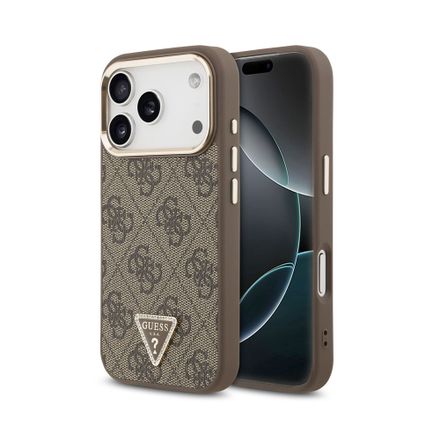 Guess PU Leather 4G Strass Triangle Logo Gold Frame MagSafe kryt iPhone 18 Pro hnědý