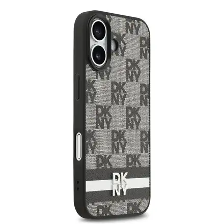DKNY PU Leather Checkered Pattern and Stripe kryt iPhone 17 černý.