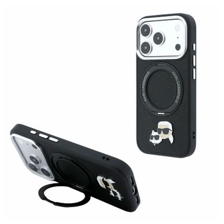 Karl Lagerfeld PU Grained K&CH Heads Ring Stand Magsafe kryt iPhone 18 Pro černý